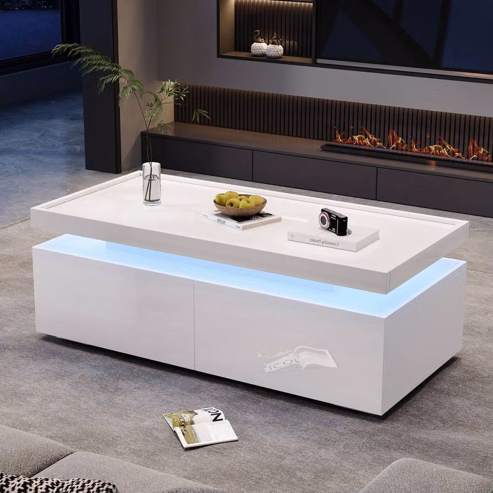 Rolipo Modern White High Gloss LED Coffee Table with 2 Drawers W/D/H: 95 x 50 x 35 cm – 4
