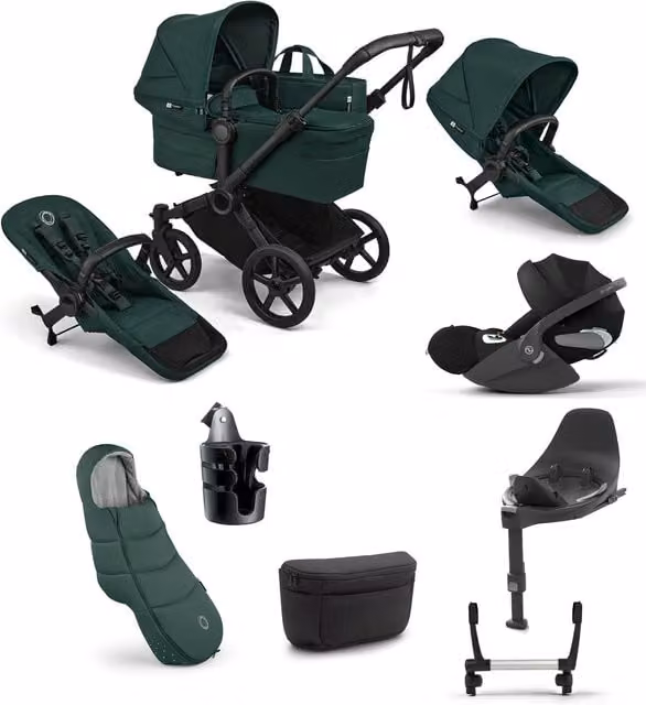 Bugaboo Donkey 6 Double Ultimate Pushchair Bundle in Fern Green with Cybex Cloud T i-Size Rotating Baby Car Seat and Isofix Base