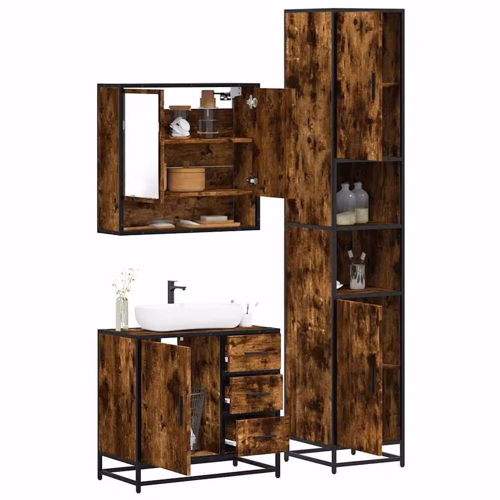 Berkfield Home 3 Piece Industrial Bathroom Furniture Set in Smoked Oak Brown – 2