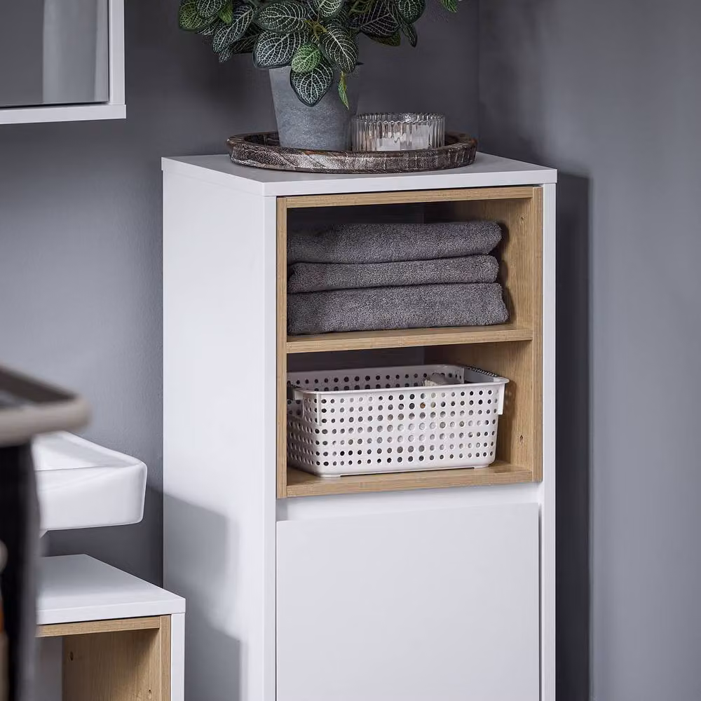 SoBuy Storage Laundry Cabinet with Basket and Open Shelf, White, Height: 105 cm – 1