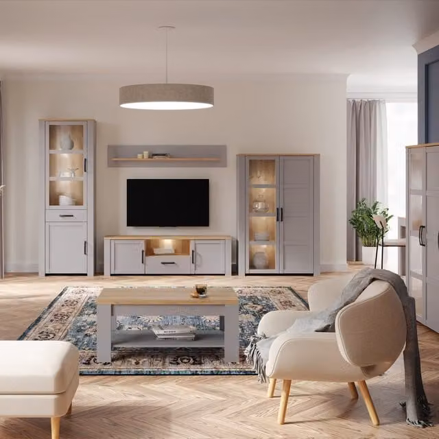 Furniture To Go Bohol Modern Display Cabinet in Grey Riviera Oak with Glass Doors and Integrated LED Lighting