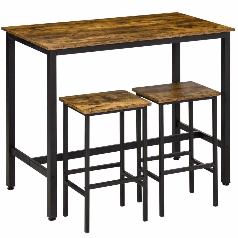 Wyld Haus Nofi 3 Piece Industrial Bar Dining Set in Brown and Black with Metal and Wood Table and 2 Stools – 2
