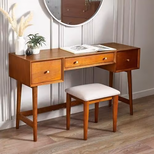 Julian Bowen Lowry Cherry Ash Dressing Table and Stool Set with Gold Details – 1