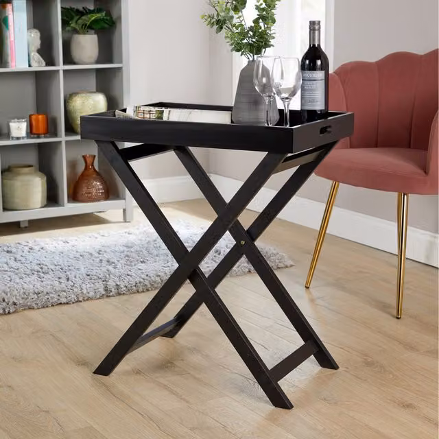 Home Source Alpine Large Foldable Butlers Tray Style Side Table in Black