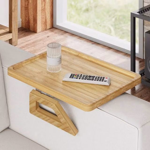 FORGEVIO Natural Wood Bamboo Sofa Arm Tray and Drinks Snack Cup Holder in Brown – 1
