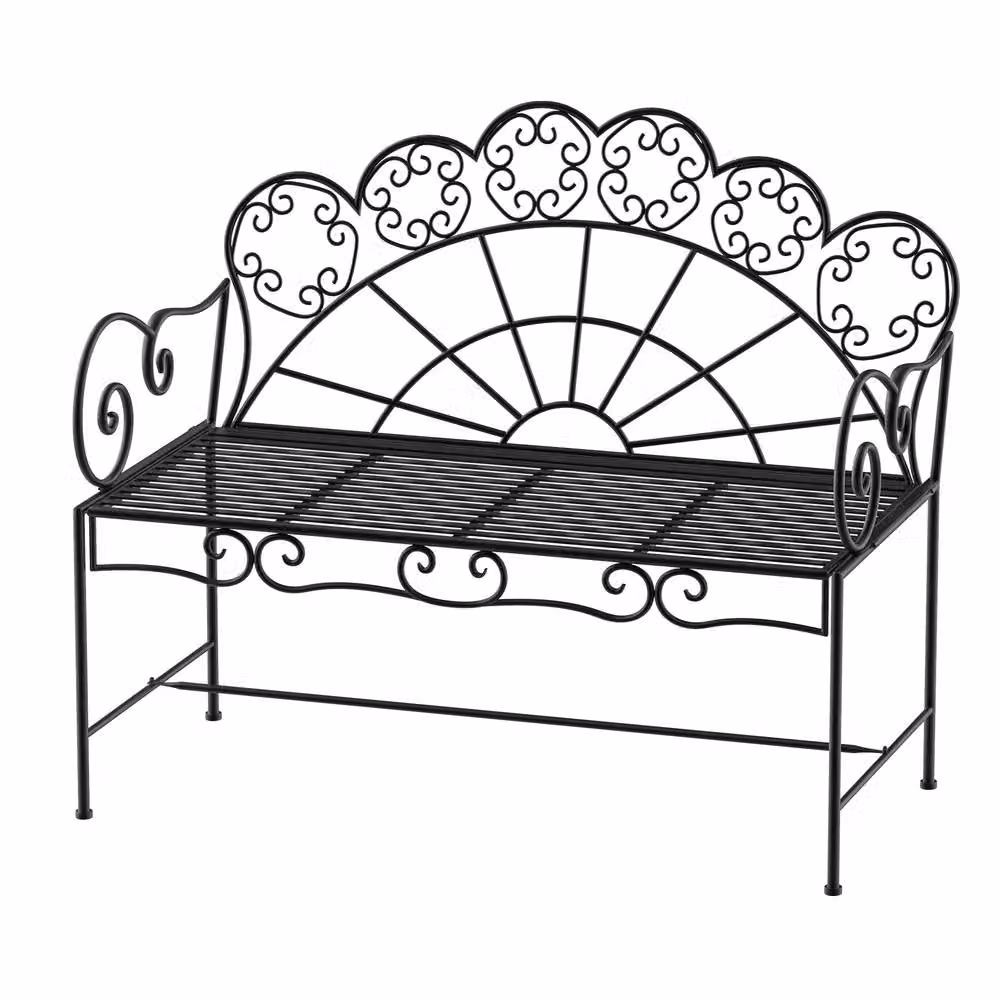 OUTSUNNY Black Metal 2 Seater Garden Bench for Outdoor Patio and Terrace – 2