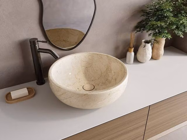 LAVINO Round Natural Stone Marble Countertop Basin in Beige, D40 cm x H15 cm