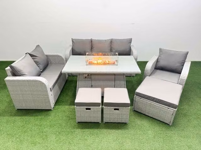 Fimous Patio 9 Seater Grey PE Wicker Rattan Outdoor Furniture Set with Firepit Dining Table, Reclining Chairs, Loveseat, 3 Seater Sofa and Stool