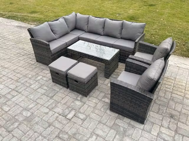 Fimous Rattan Garden Furniture Set with High Back Corner Sofa, Oblong Coffee Table, 2 Armchairs and 2 Footstools in Dark Grey