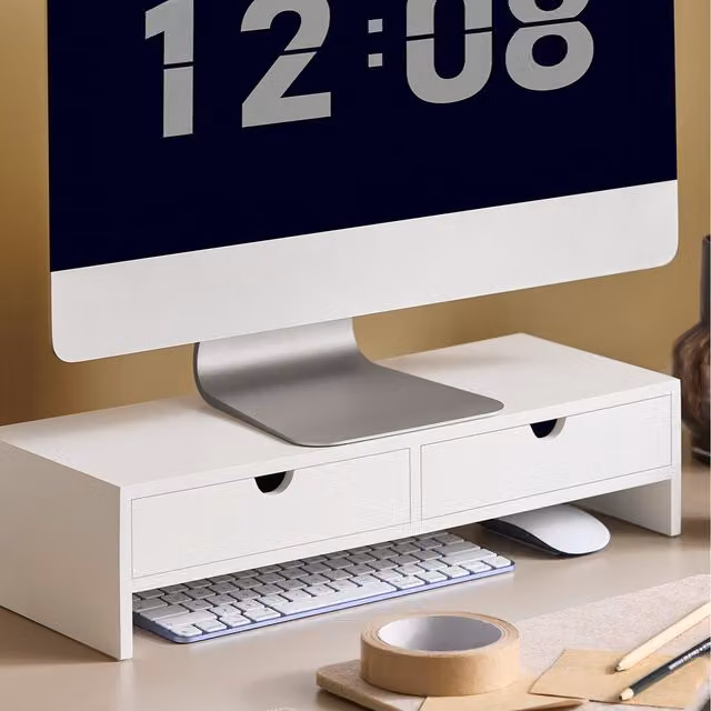 SoBuy Monitor Stand Desk Organizer with 2 Drawers, White