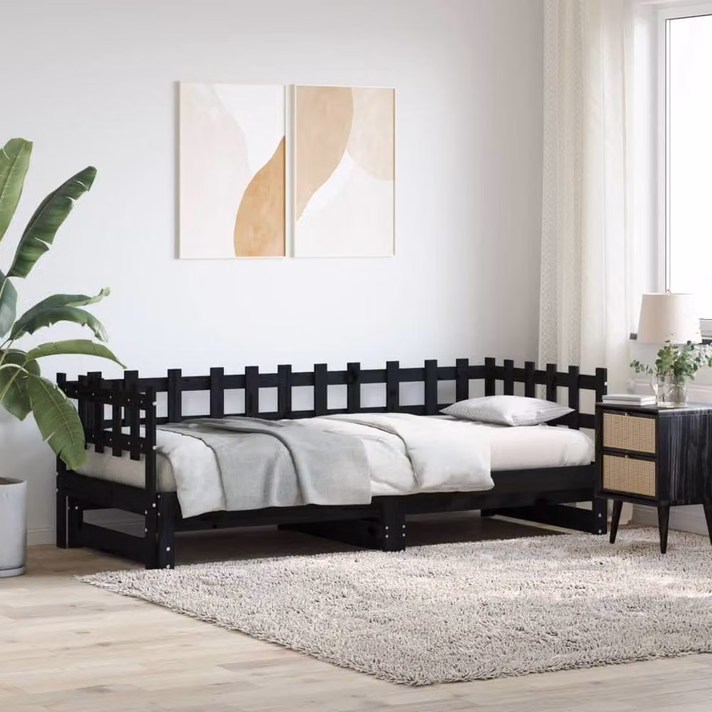 Berkfield Home Black Rustic Solid Wood Pine Pull-out Day Bed with Drawer, W/D/H: 180 x 190 x 90 cm – 2