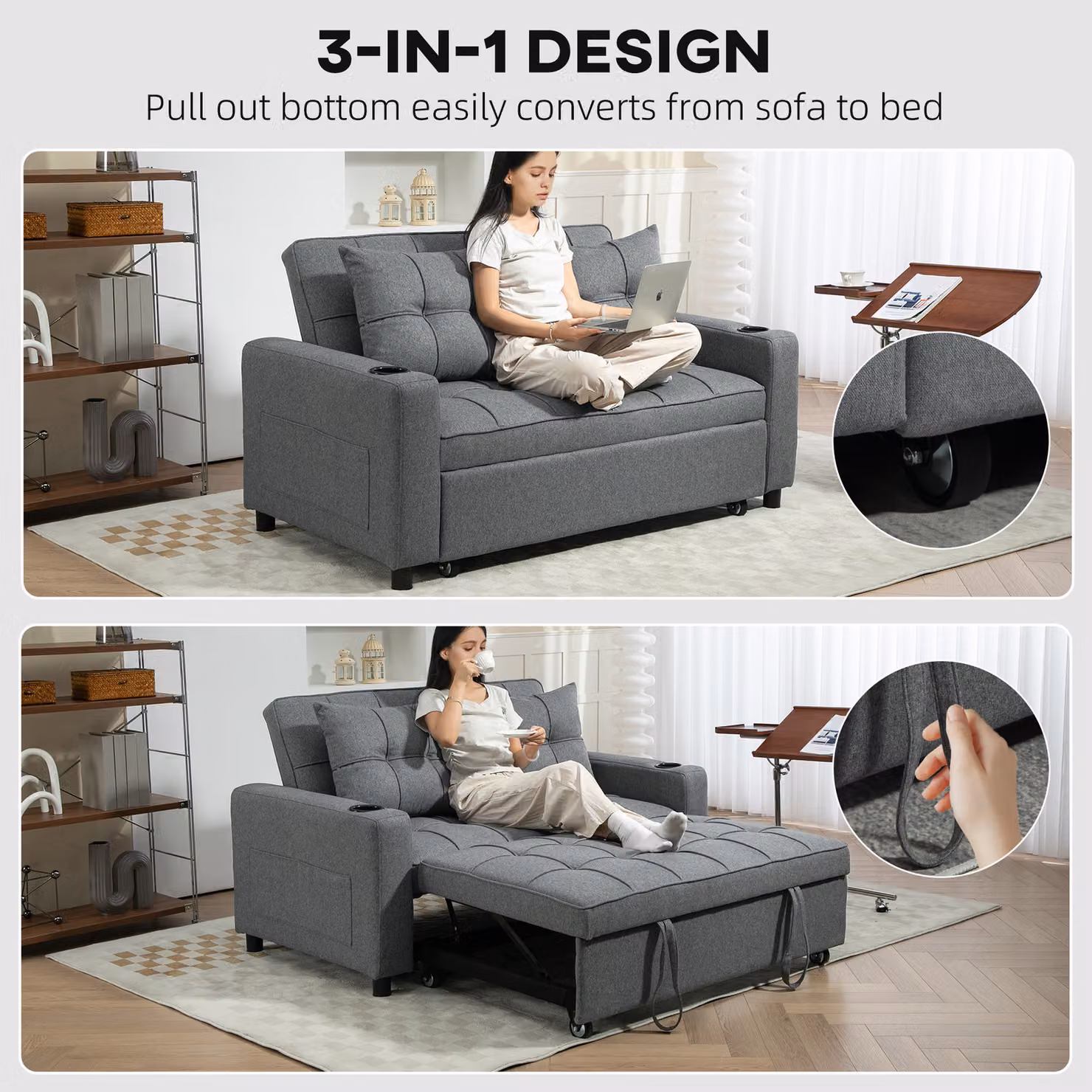 HOMCOM Two-Seater Click-Clack Pull-Out Sofa Bed in Grey with Metal Frame and Cup Holders – 3
