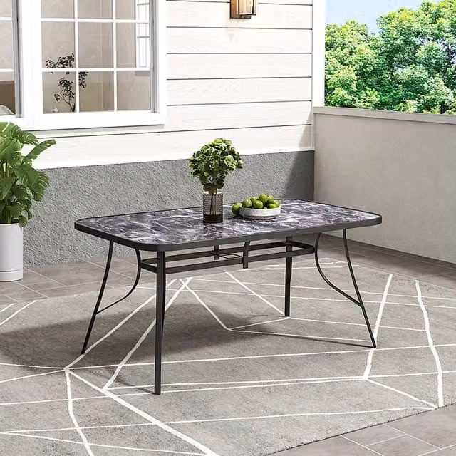Breeins Rectangular Black Marble Effect Garden Table with Glossy Tempered Glass, W: 150 cm, H: 72.5 cm
