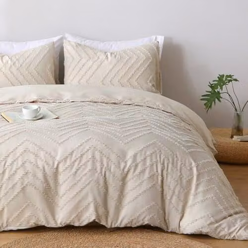 Pamposh Tufted King Size Microfibre Duvet Cover Set in Beige and Brown with Pillowcases and Zipper Closure