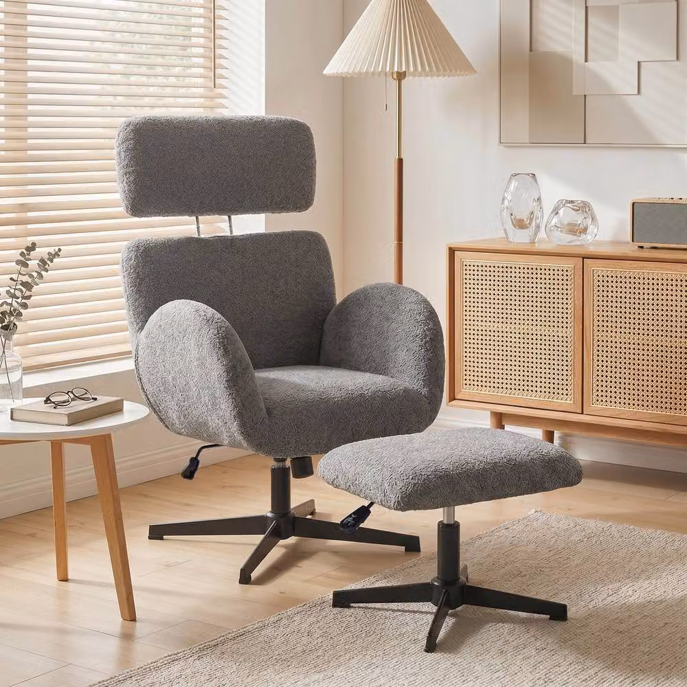 STILVORA Grey Velvet 360 Degree Swivel Armchair and Footstool Set with Metal Frame – 2