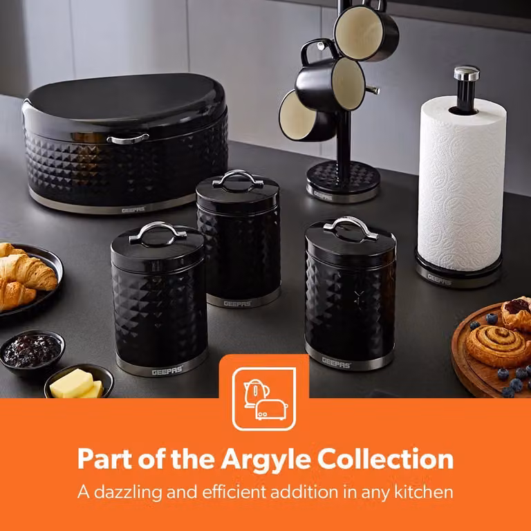 Geepas Argyle Black Airtight Metal Bread Bin and 4 Piece Tea, Coffee and Sugar Canister Set with 1.3L Capacity and 9L Bread Bin