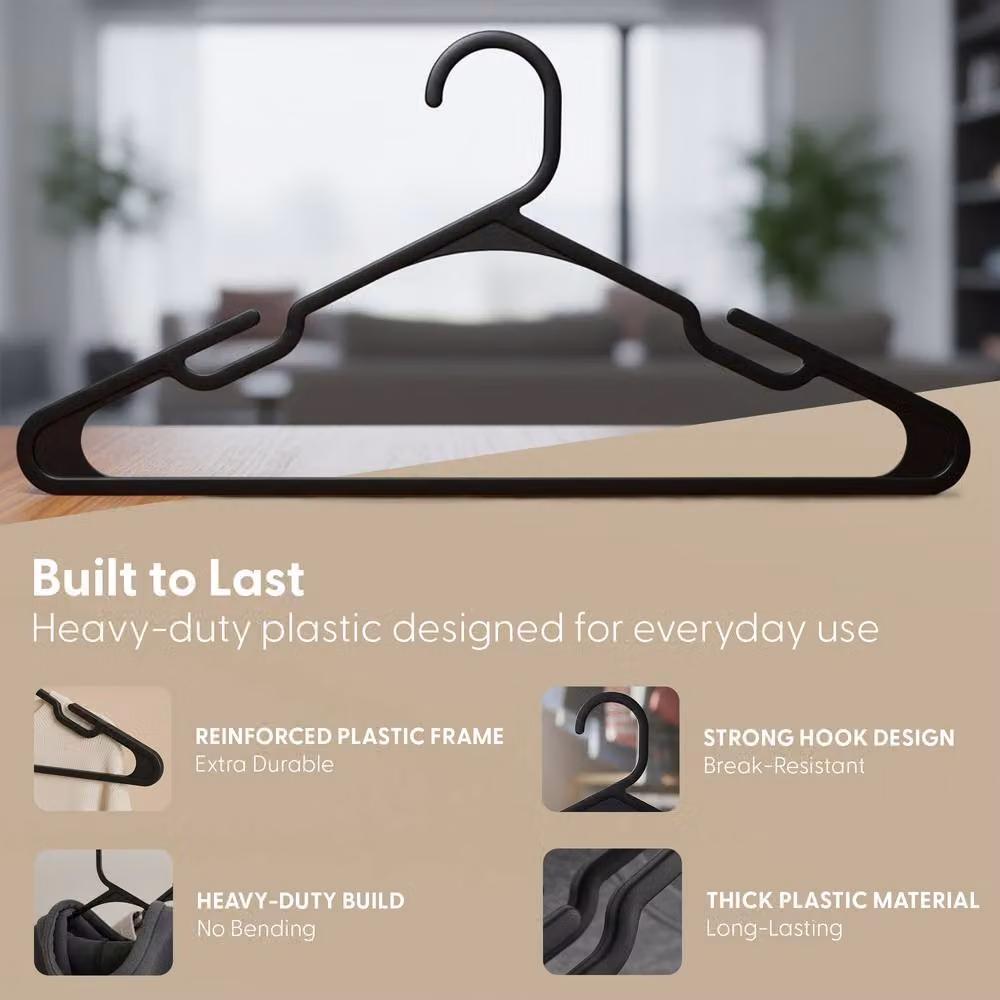 Keplin 50 Pack Slim Plastic Clothes Hangers in Black, Space Saving and Non-Slip, Width: 37 cm – 2