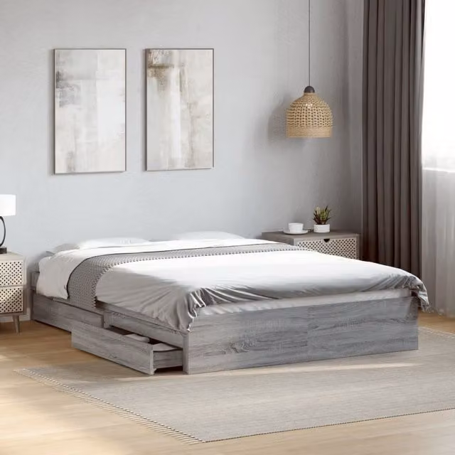 Berkfield Home Small Double Bed Frame with Drawers in Grey Sonoma, W/D/H: 120 x 200 cm