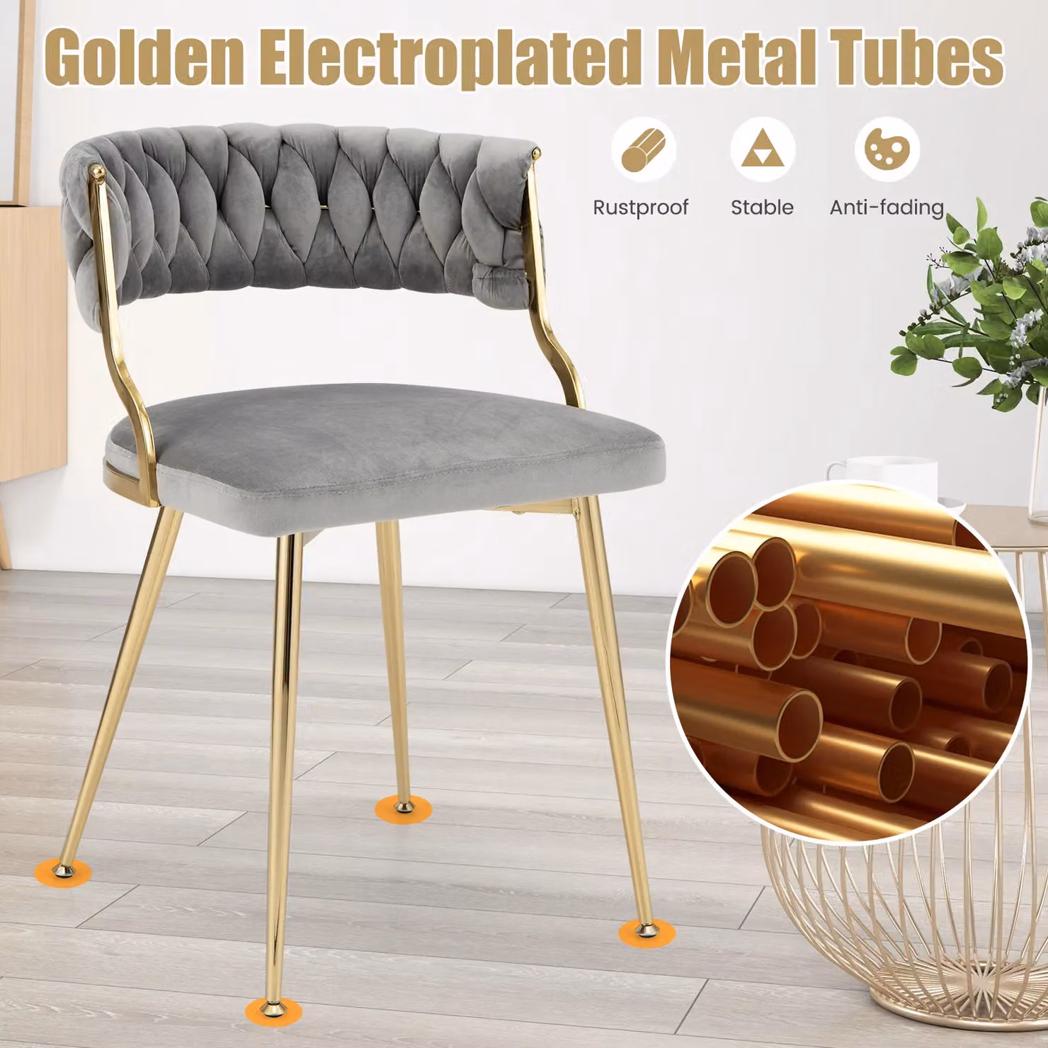 Costway Set of 2 Grey Velvet Upholstered Armless Dining Chairs with Woven Back and Gold Metal Legs – 2