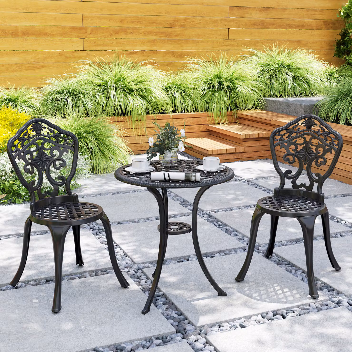 Outsunny 3 Piece Cast Aluminium Garden Bistro Set with Round Coffee Table and 2 Chairs in Matt Black – 6