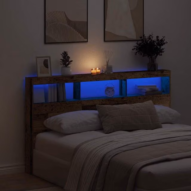 Berkfield Home Modern Headboard Cabinet with LED Lighting and USB Charging Port, Brown, W: 180 cm, D: 17 cm, H: 102 cm – 1