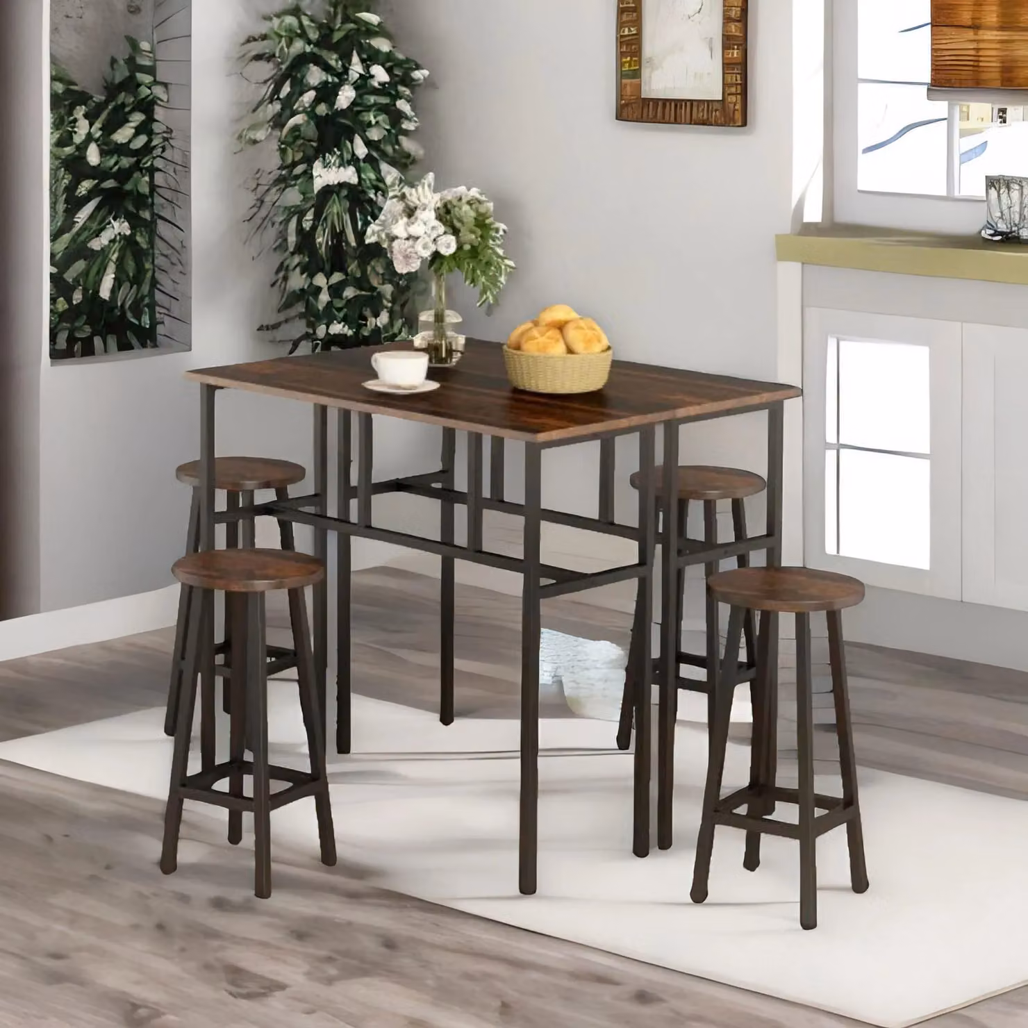 FURNOS 6-Piece Industrial Dining Set with Rectangular Table and Stools in Brown and Black – 2