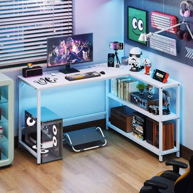Costway L-Shaped Corner Computer and Writing Desk with Storage Shelves in White – 1