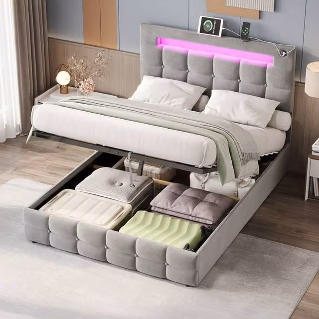 BTM Grey Velvet Double Bed with Hydraulic Storage, LED Lighting and USB Charging Headboard, W/D/H: 142 x 190 x 39.5 cm