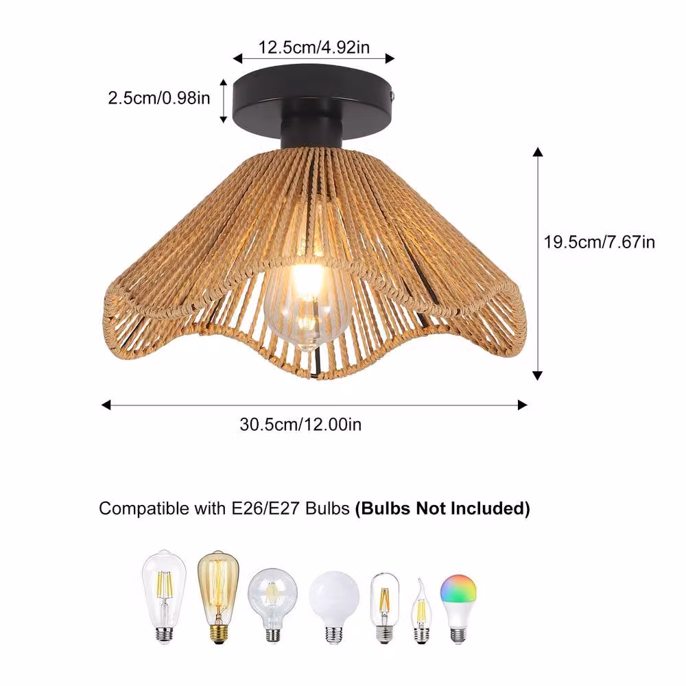 NIVOR Brown Rattan Flush Mount Ceiling Lamp with E27 Socket – 2
