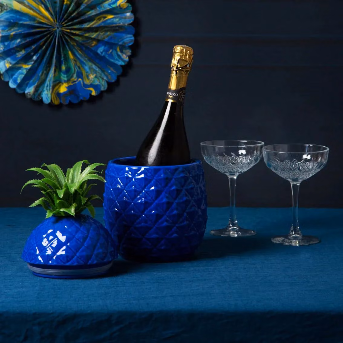 Simpa Blue and Gold Pineapple Ceramic Ice Bucket with Lid – 4