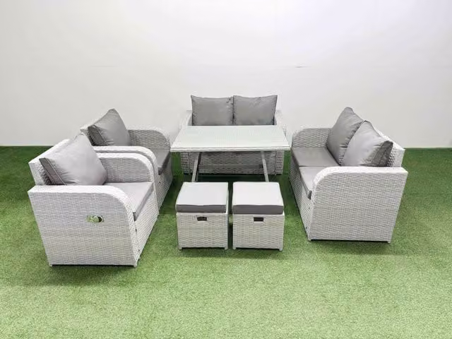 Fimous 8 Seater Rattan Garden Furniture Set with Metal and Glass in Light Grey