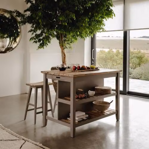 Statement Furniture Florence Breakfast Bar Kitchen Island with Acacia Wood Top and Slatted Shelves in Dove Grey, W: 126 cm, D: 78 cm, H: 91 cm – 3