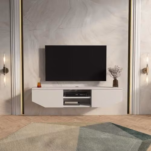 DECOROTIKA Hera Floating TV Stand in Gloss White with Open Shelves and Cabinets, W: 150 cm, D: 29.5 cm, H: 32 cm – 1