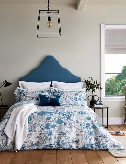 Sanderson Crane and Frog Reversible Blue Pure Cotton Mako Sateen Duvet Cover