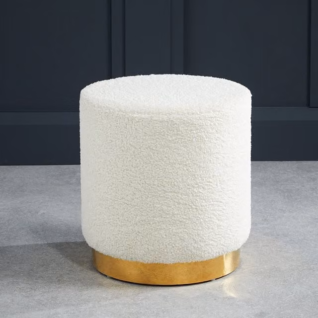 LPD Home Lara Bouclé Fabric Pouffe in White and Gold