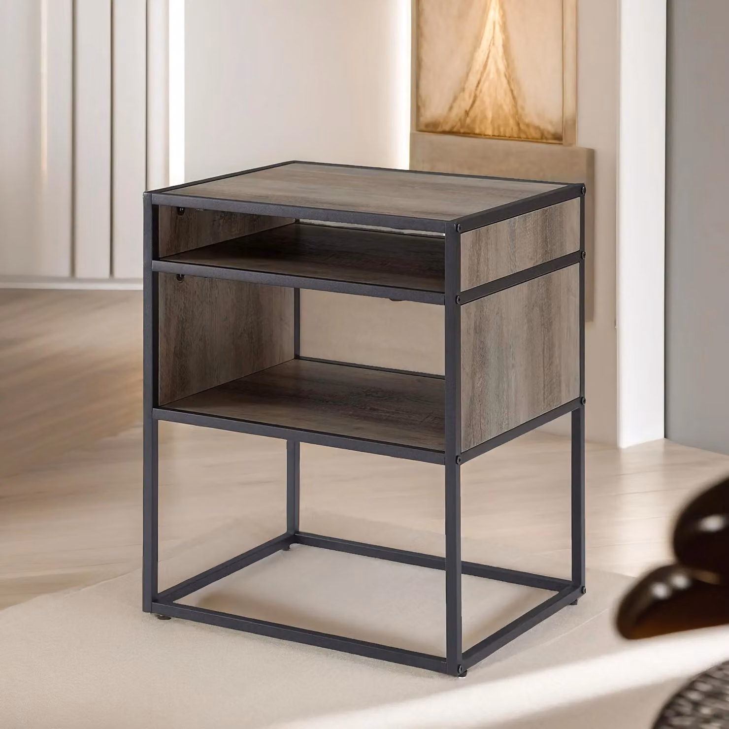 Pirlo Plush Industrial Square Side Table with Open Storage in Light Brown – 2