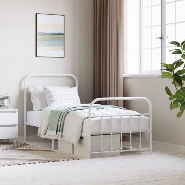 Berkfield Home Metal Bed Frame with Headboard and Footboard in White, W/D/H: 90 x 190 cm