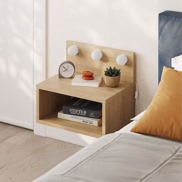 Decortie Treo Floating LED Bedside Table with Integrated Lighting, Oak, W/D/H: 30 x 30 x 30 cm