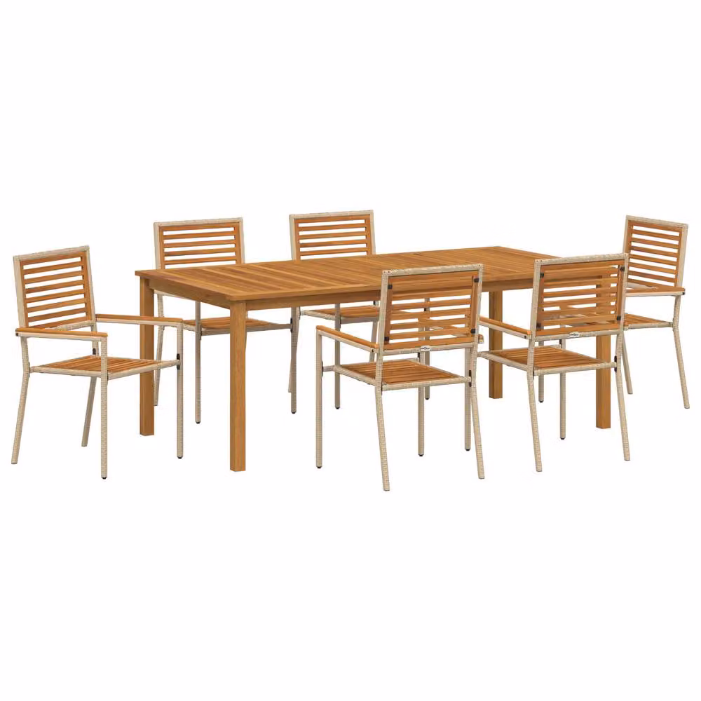Berkfield Home 7 Piece Modern Garden Dining Set in Beige Poly Rattan and Acacia Wood – 2