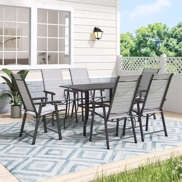 Komore Modern Metal Coffee Table and 6 Folding Chairs Set in Black and Grey, W/D/H: 150 x 90 x 75 cm