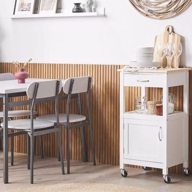Wyld and Coco White Kitchen Trolley with Wood Look Top and Lockable Casters, Height: 89 cm