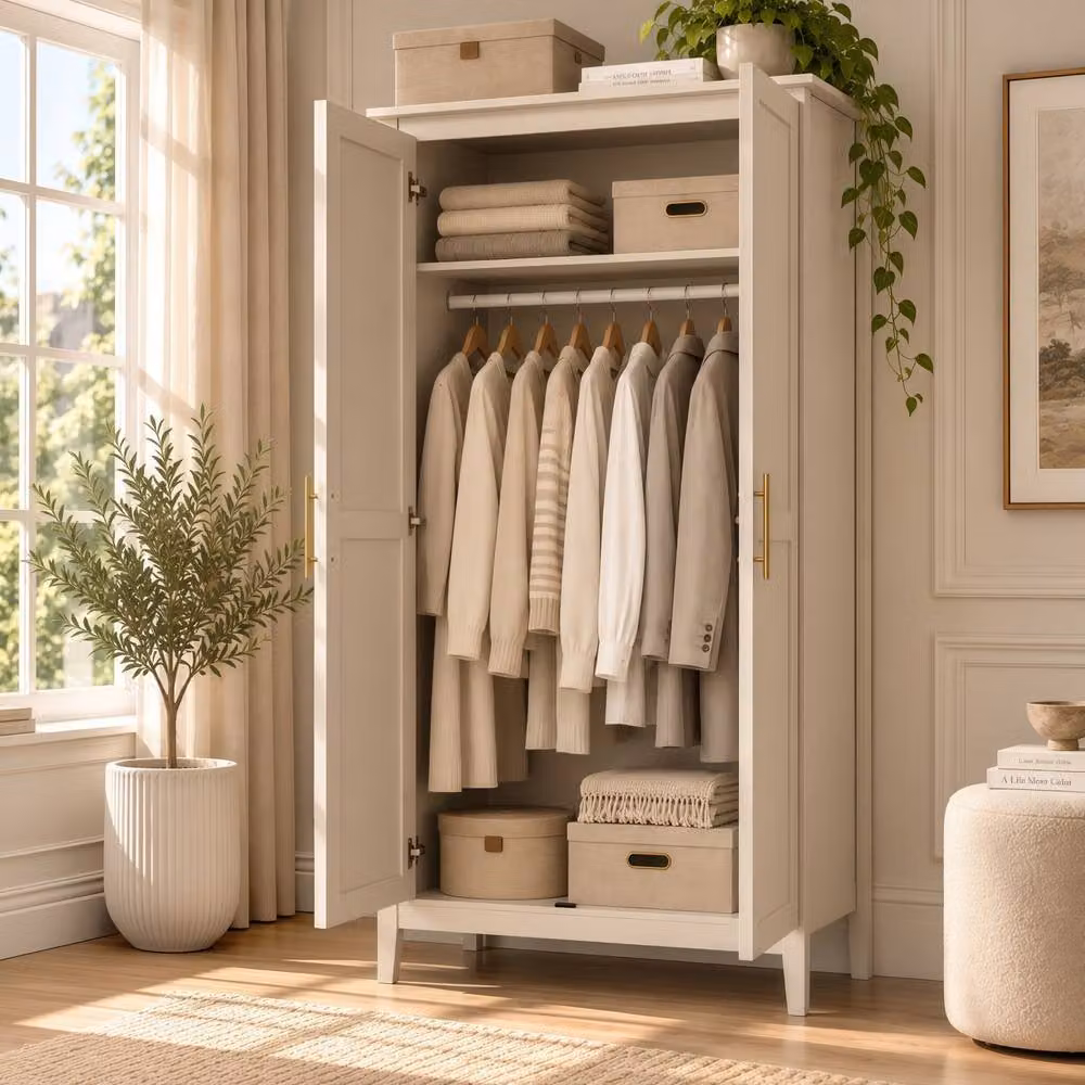 Merax 2 Door Double Freestanding Wardrobe with Hanging Rail and Open Shelf in Beige and Gold, H 180 x W 102 x D 55 cm – 2