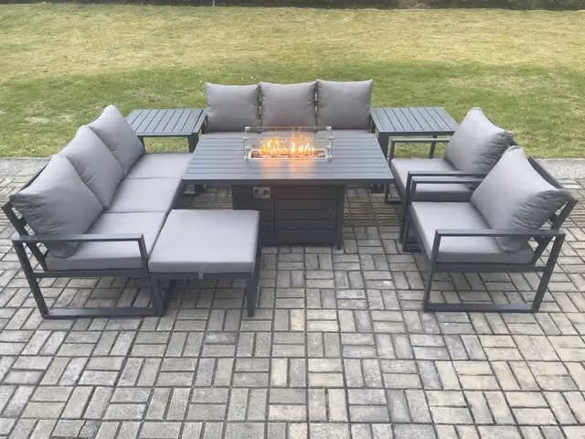 Fimous Aluminium Outdoor Garden Furniture Set in Dark Grey with Gas Fire Pit Dining Table, Sofa, Footstool and 2 Side Tables