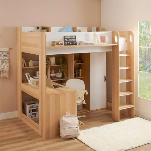 Flair Ava High Sleeper Bed with Desk, Wardrobe and Storage in White and Oak – 1