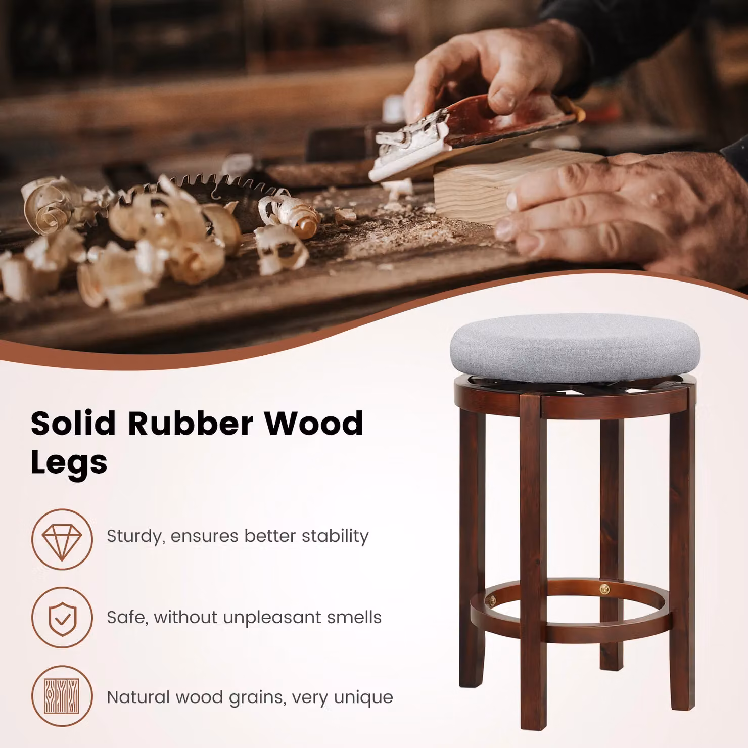 Costway Set of 2 Grey Wooden Counter Height Bar Stools with 360 Degree Swivel and Padded Fabric Seats – 6