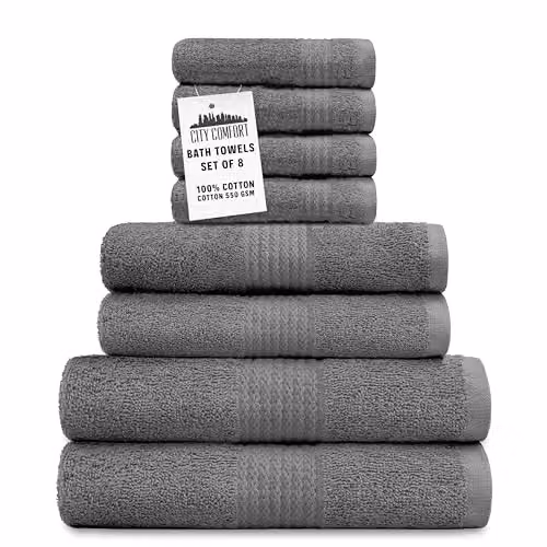 CityComfort 8-Piece Cotton Towel Set in Grey, 550GSM Highly Absorbent and Quick Drying – 1