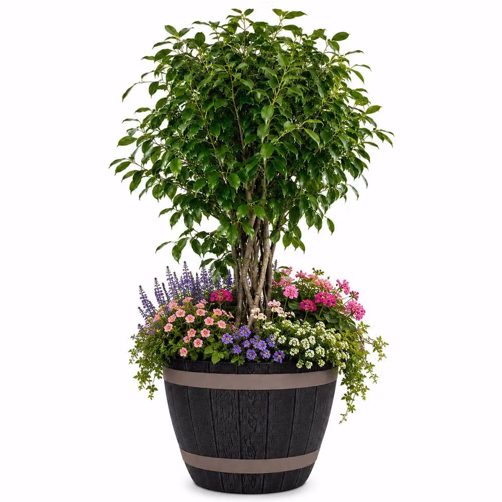 Simpa Set of 2 Rustic Dark Grey Plastic Half Barrel Cask Planter Tubs – 6