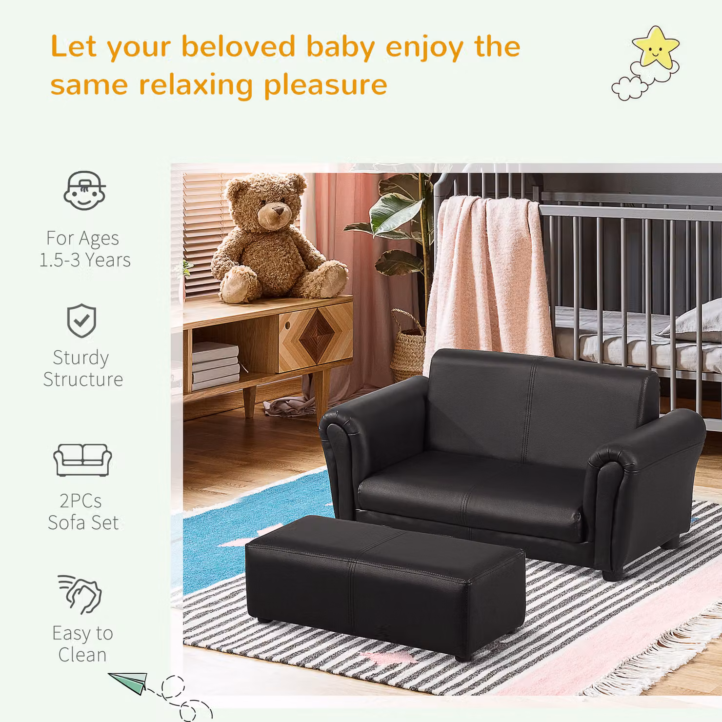 HOMCOM 2 Seater Toddler Sofa with Matching Ottoman, Black Synthetic Leather Upholstered Kids Double Armchair with Solid Wood Frame – 5