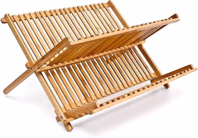 Mantraraj 2 Tier Folding Bamboo Wood Dish Drainer Rack in Brown