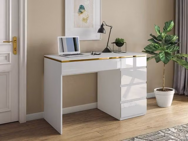 VUKIA Vente-unique Writing Desk with 5 Drawers in Glossy White and Gold – 1